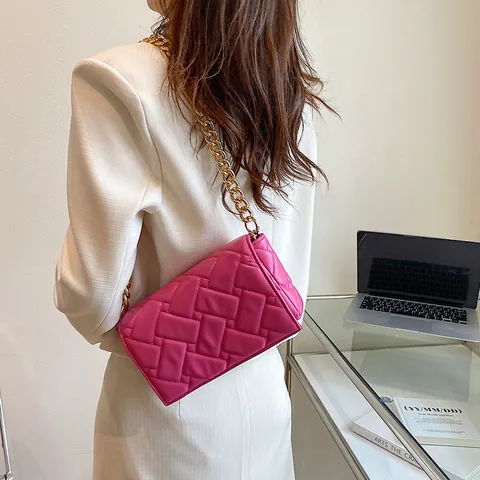 Women Padded Weave PU Leather Shoulder Bag Gold Thick Chain Strap Quilted Crossbody Bag Daily Party Fashion Handbag