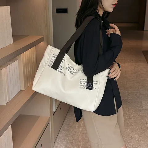 Women Casual Canvas Tote Bag Large Capacity Printed Letters Wide Strap Shoulder Bag Fashion Simple Streetwear Shopper Handbag