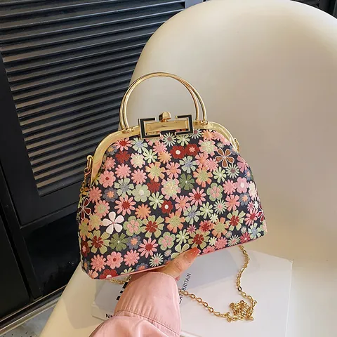 Sac à Main Vintage Imprimé Floral Fermoir Baiser Poignée en Métal Chaîne Dorée Sac Bandoulière Rétro Docteur pour Femme