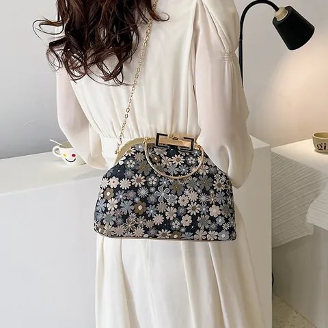 Sac à Main Vintage Imprimé Floral Fermoir Baiser Poignée en Métal Chaîne Dorée Sac Bandoulière Rétro Docteur pour Femme