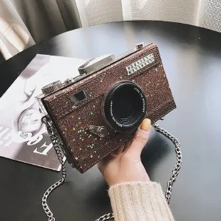 Creative Camera Shaped Chain Shoulder Bag For Women Sequin Glitter Crossbody Bag Retro Small Square Box Bag Party Purse