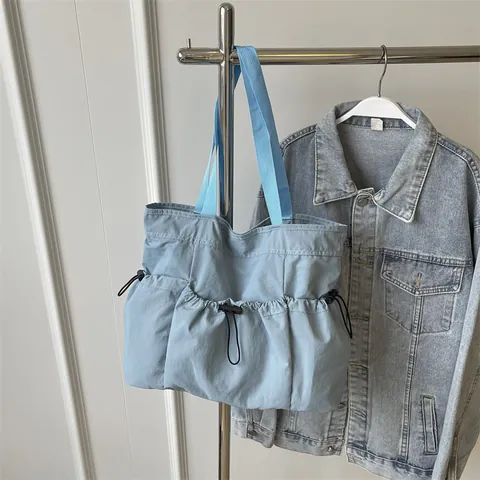 Dames Gewassen Doek Tote Bag Grote Capaciteit Multi Pocket Trekkoord Geplooide Schoudertas Casual Handtas Voor Dagelijks Gebruik