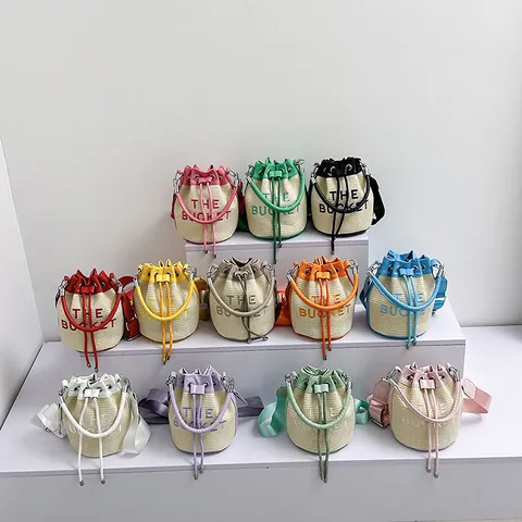 Fashion Women Straw Woven Bucket Bag Splicing PU Leather Letter Embroidery Handbag Casual Drawstring Crossbody Shoulder Bag