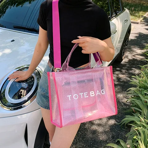 Fashion Women Transparent PVC Mesh Tote Bag With Letter Print Detachable Shoulder Strap Large Capacity Casual Beach Handbag