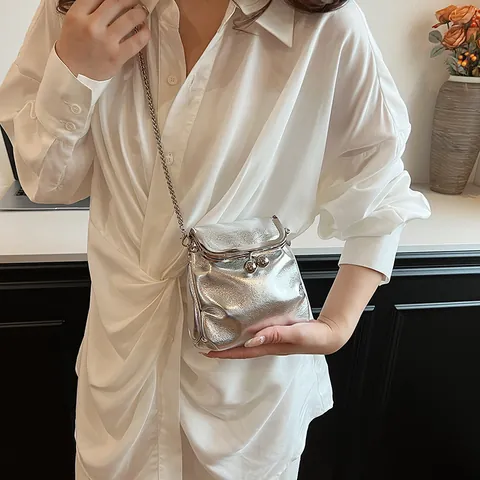 Sac Bandoulière Femme Vintage Métallique Fermoir Kiss-Lock Simili Cuir Mini Chaîne Pour Soirée Sac Décontracté