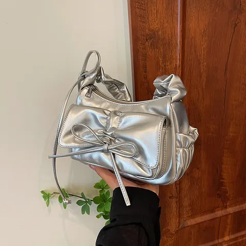 French Style Bow Ruched Underarm Bag For Women PU Leather Solid Color Pleated Shoulder Bag Fashion Metallic Handbag