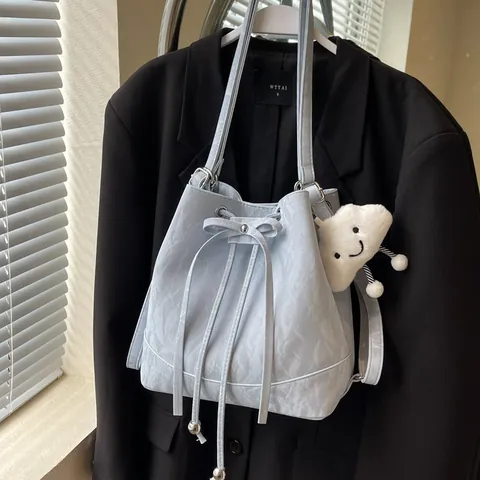 Women Fashion PU Leather Bucket Backpack With Cloud Pendant Marble Texture Drawstring Shoulder Bag Daily Travel Casual Bag