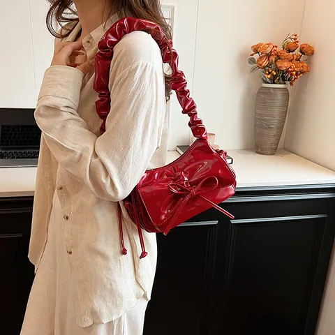 French Style Bow Ruched Underarm Bag For Women PU Leather Solid Color Pleated Shoulder Bag Fashion Metallic Handbag
