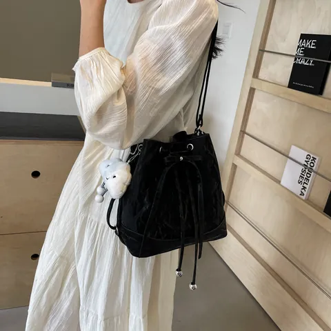 Women Fashion PU Leather Bucket Backpack With Cloud Pendant Marble Texture Drawstring Shoulder Bag Daily Travel Casual Bag