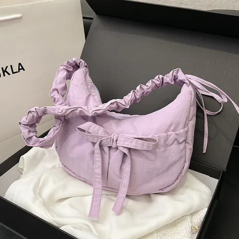 Fashionable Women PU Leather Pleated Shoulder Bag With Bowknot Decoration Sweet Crescent Underarm Bag Versatile Casual Crossbody Handbag