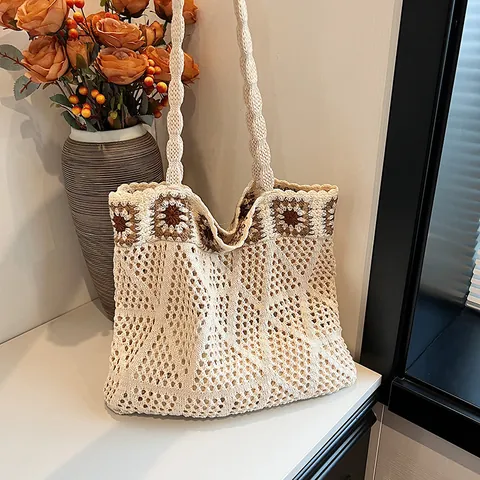 Handmade Crochet Knit Tote Bag For Women Bohemian Hollow Out Mesh Beach Bag Vintage Flower Granny Square Shoulder Handbag