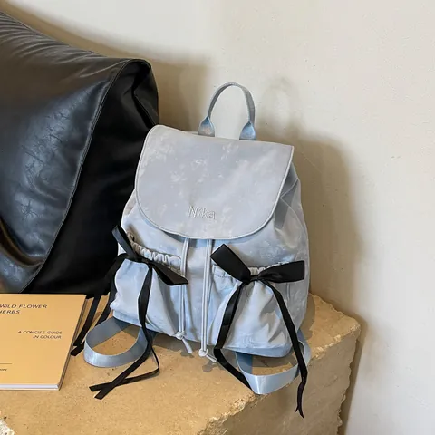 Women Fashion Balletcore Sweet Backpack PU Leather With Bowknot Ribbon Drawstring Girls Small School Bag Daily Top Handle Handbag