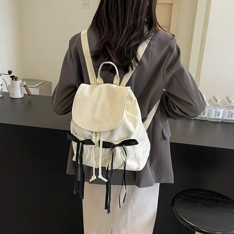 Women Fashion Balletcore Sweet Backpack PU Leather With Bowknot Ribbon Drawstring Girls Small School Bag Daily Top Handle Handbag