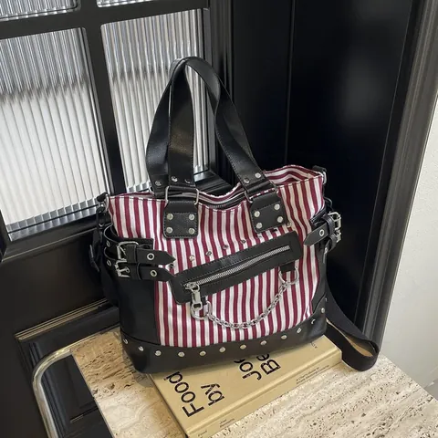 Women Punk Rivet Tote Bag Canvas PU Leather Striped Gothic Crossbody Bag With Metal Chain Large Capacity Shoulder Bag Fashion Handbag