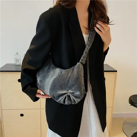 Women Vintage Denim Pleated Shoulder Bag Casual Washed Denim Underarm Bag With Knotted Strap Fashion Hobo Bag For Daily
