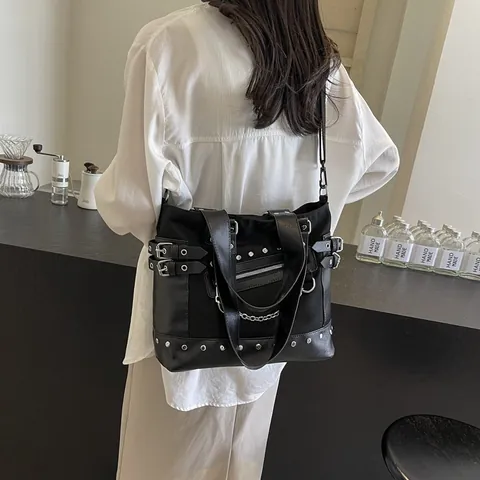 Women Punk Rivet Tote Bag Canvas PU Leather Striped Gothic Crossbody Bag With Metal Chain Large Capacity Shoulder Bag Fashion Handbag