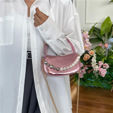 Fashion Women Metallic Mirror PU Leather Mini Bag Artificial Pearl Heart Beaded Crescent Underarm Bag Shoulder Crossbody Handbag