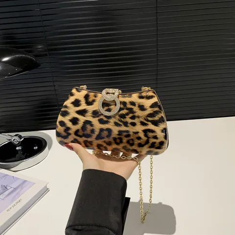 Borsa da Sera Leopardata di Lusso Fibbia a Doppio Anello con Strass Pochette in Pelle PU Con Tracolla a Catena Oro Donna
