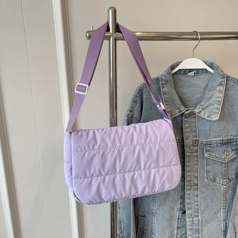 Quilted Puffer Shoulder Bag For Women Large Capacity Crossbody Bag Adjustable Wide Strap Nylon Solid Color Casual Satchel