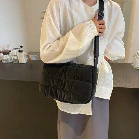 Quilted Puffer Shoulder Bag For Women Large Capacity Crossbody Bag Adjustable Wide Strap Nylon Solid Color Casual Satchel
