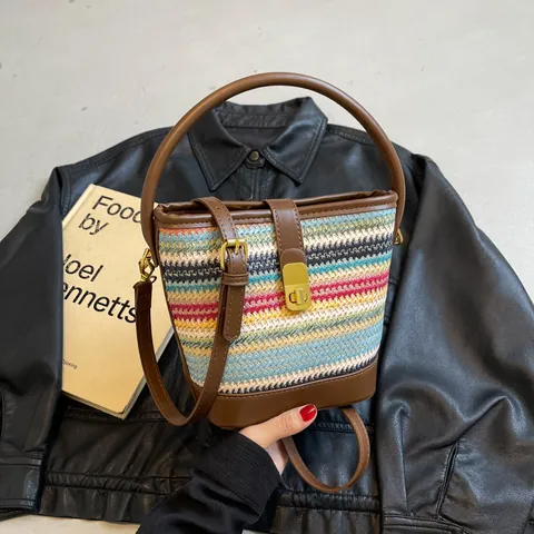 Handmade Rainbow Striped Straw Woven Bucket Bag For Women Vintage PU Leather Patchwork Handbag With Metal Lock Summer Beach Vacation Shoulder Bag