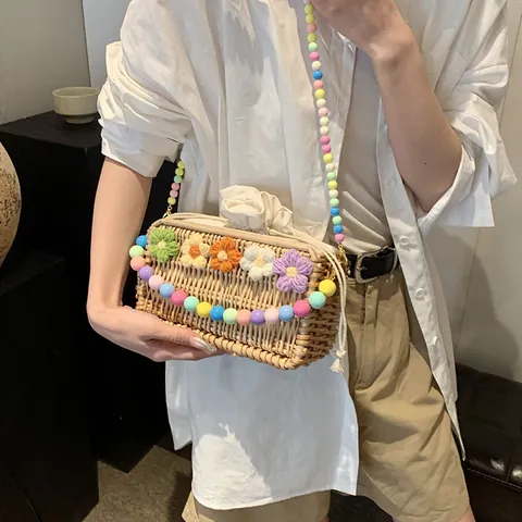 Handmade Woven Straw Crossbody Bag For Women Pastoral Floral Summer Beach Bag With Colorful Bead Artificial Pearl Strap Drawstring Liner