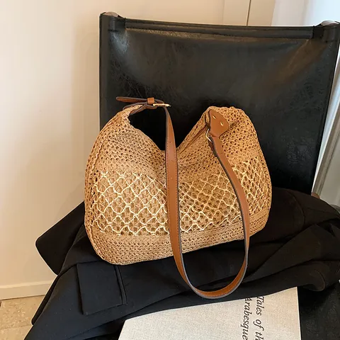 Bolso Tote de Paja Tejida para Mujer Moda Gran Capacidad Bolso de Hombro Hueco Con Correa de Cuero PU Playa Vacaciones Verano
