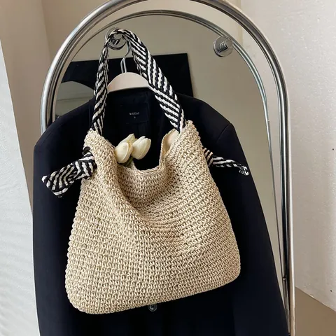Damen Gewebte Stroh Tote Tasche Mit Gestreiftem Schultergurt Große Kapazität Handgefertigte Strandurlaub Schultertasche Sommer Handtasche