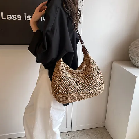 Bolso Tote de Paja Tejida para Mujer Moda Gran Capacidad Bolso de Hombro Hueco Con Correa de Cuero PU Playa Vacaciones Verano