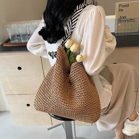 Damen Gewebte Stroh Tote Tasche Mit Gestreiftem Schultergurt Große Kapazität Handgefertigte Strandurlaub Schultertasche Sommer Handtasche