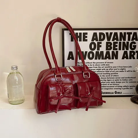 Borsa a Tracolla Donna in Pelle PU Lucida Retro Balletcore con Fiocco Boston Bag Grande Capacità Borsa da Sottobraccio Giornaliera