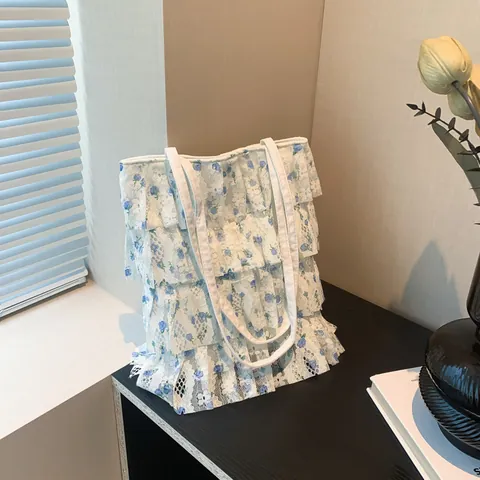 Women's Fresh Floral Lace Tote Bag Multi Layer Ruffle Pleated Mesh Shoulder Bag Sweet Summer Large Capacity Handbag