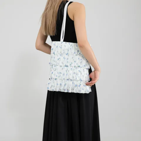 Women's Fresh Floral Lace Tote Bag Multi Layer Ruffle Pleated Mesh Shoulder Bag Sweet Summer Large Capacity Handbag