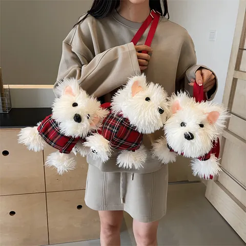 Simpatica Borsa a Spalla in Peluche a Forma di Cane Per Donna Moda Quadri Cucciolo Borsa a Tracolla Piccola Borsa Per Ragazze