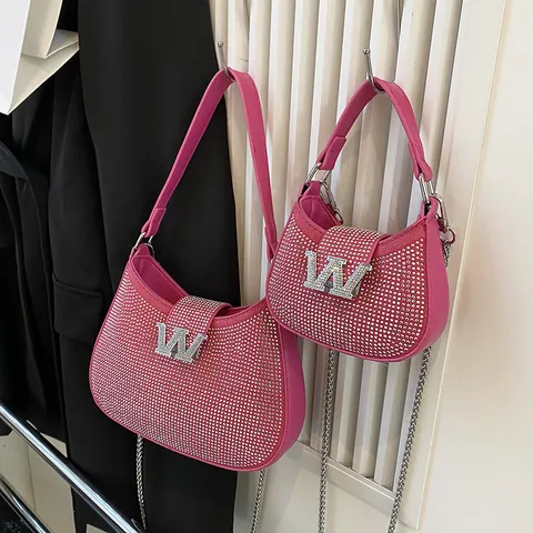 Women Fashion Rhinestone Crescent Bag Luxury Bling Bling Crystal Underarm Bag Metal W Logo Shoulder Crossbody Bag For Party
