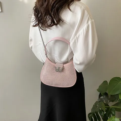 Women Fashion Rhinestone Crescent Bag Luxury Bling Bling Crystal Underarm Bag Metal W Logo Shoulder Crossbody Bag For Party