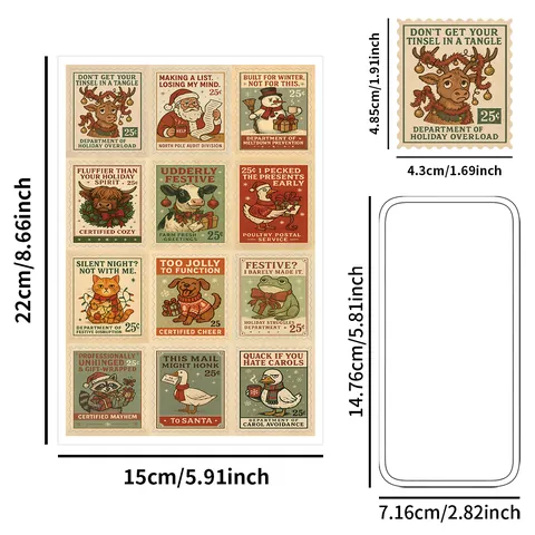 Vintage Christmas Postage Stamp Stickers Funny Animal Reindeer Santa Snowman Decorative Holiday Gift Label Packing Decor