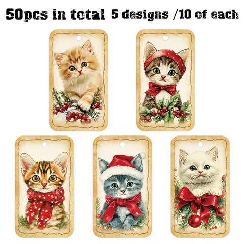 Étiquettes de Cadeau en Papier Chat de Noël Vintage Avec Corde de Chanvre Pour Emballage de Cadeaux Décoration Artisanale Articles de Fête