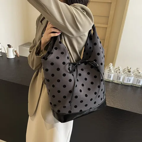Women Large Capacity Canvas Tote Bag With Bow Polka Dot Pattern Fashionable Shoulder Underarm Handbag For Daily Travel