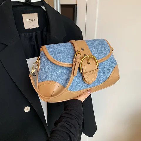 Vintage Denim Patchwork Underarm Bag For Women High Quality PU Leather Contrast Color Shoulder Bag Casual Commute Handbag