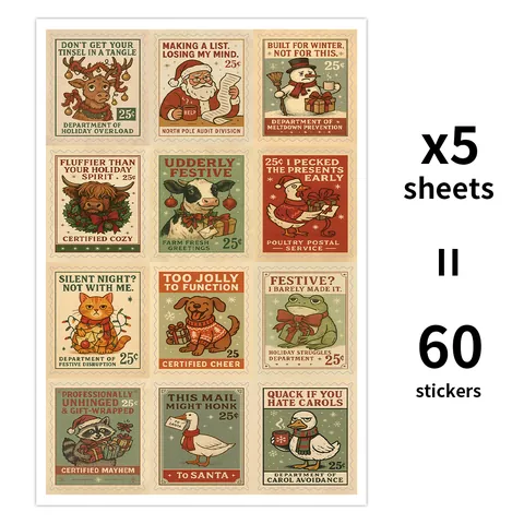 Vintage Christmas Postage Stamp Stickers Funny Animal Reindeer Santa Snowman Decorative Holiday Gift Label Packing Decor