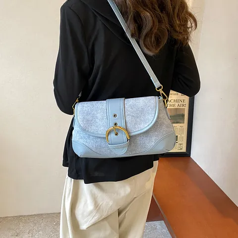 Vintage Denim Patchwork Underarm Bag For Women High Quality PU Leather Contrast Color Shoulder Bag Casual Commute Handbag