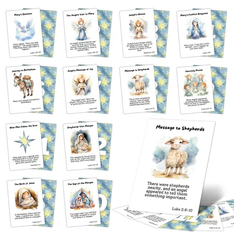 Nativity Story Advent Calendar Cards Watercolor Design Double Sided Bible Verse Christmas Decor Gift Religious Style