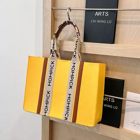 Women Large Felt Tote Bag Letter Print Ribbon Strap Handbag Casual Commute Shoulder Bag Large Capacity Square Shopping Bag