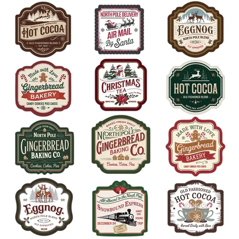 Retro Christmas Gift Tags Stickers For Holiday Present Wrapping Gingerbread Hot Cocoa Santa Pattern Festive Adhesive Labels