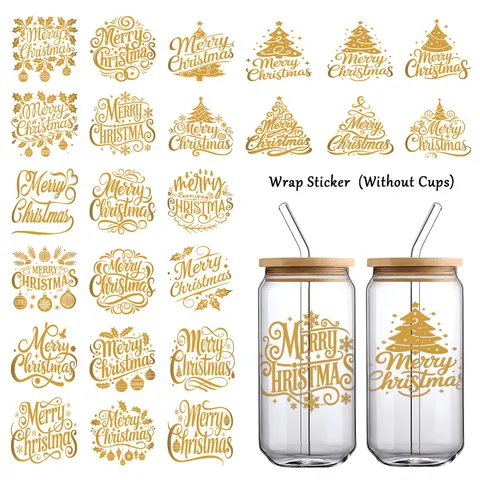 Gouden Merry Christmas UV DTF Transfer Stickers Voor Glazen Bekers Waterdichte Rub On Decals Voor Vakantiefeest DIY Decoratie