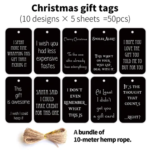 50 Pcs Humorous Christmas Gift Tags Black Art Paper Labels With Hemp Rope Funny Prank Quote Tags For Festive Holiday Gift Decoration