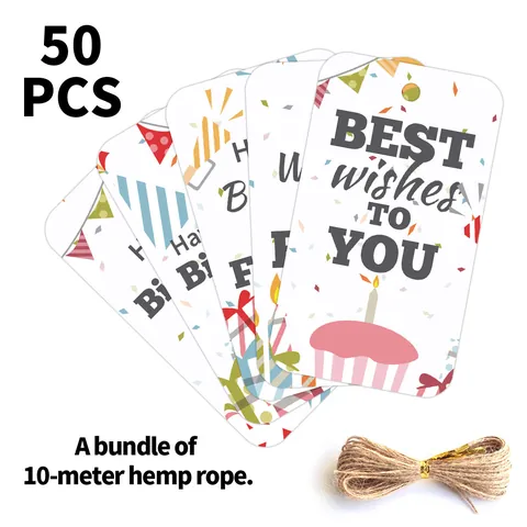 Paper Birthday Gift Tags With Hemp Rope Happy Birthday Best Wishes Pattern Decoration Labels For Party Favors Wrapping