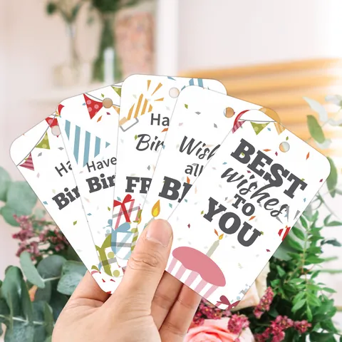Paper Birthday Gift Tags With Hemp Rope Happy Birthday Best Wishes Pattern Decoration Labels For Party Favors Wrapping