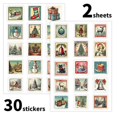 Adesivi Vintage in Stile Francobollo di Natale Elementi Festivi Retrò per Decorazione Imballaggio Regali Scrapbooking